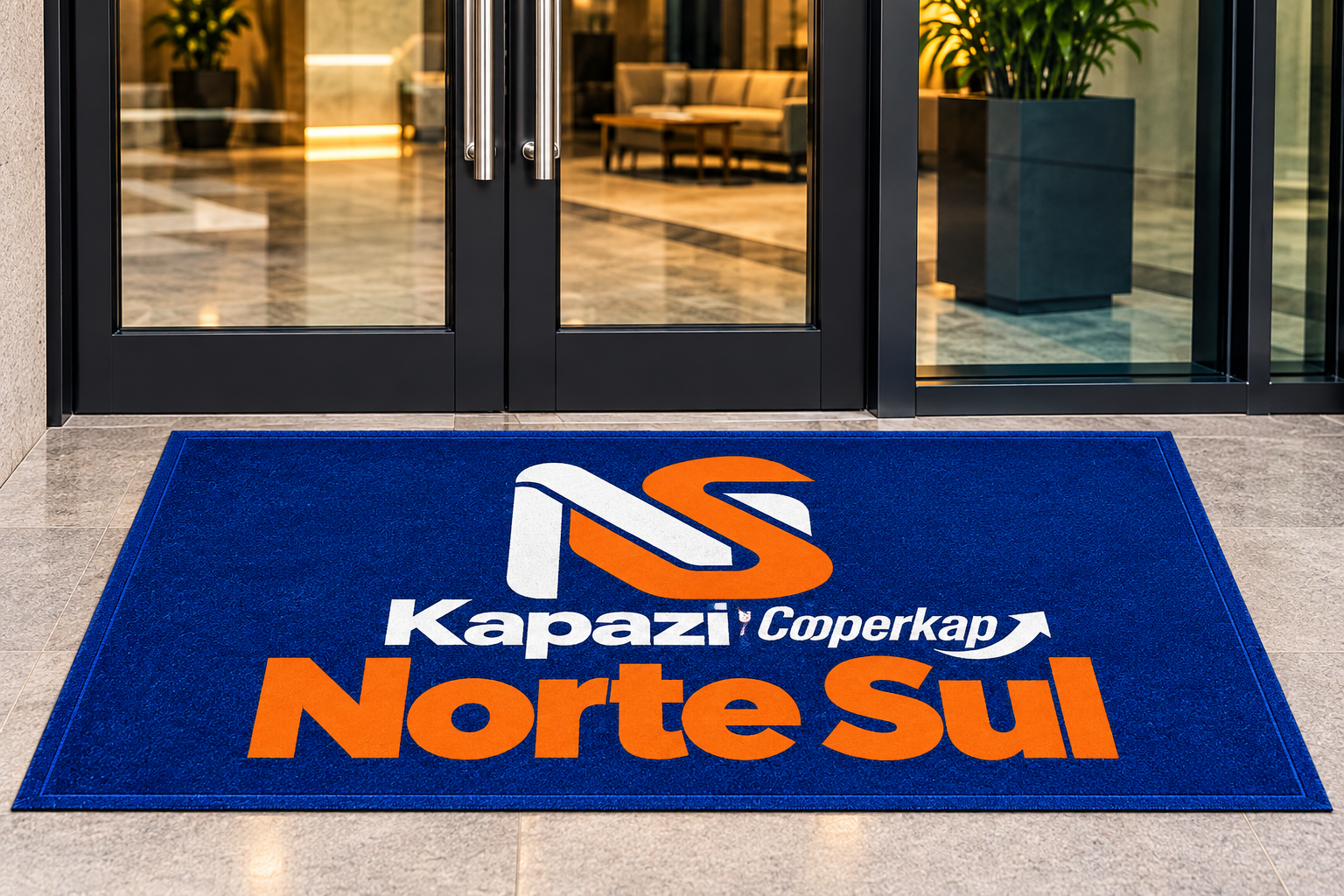 Entrada comercial com tapete azul personalizado NorteSul Kapazi Cooperkap